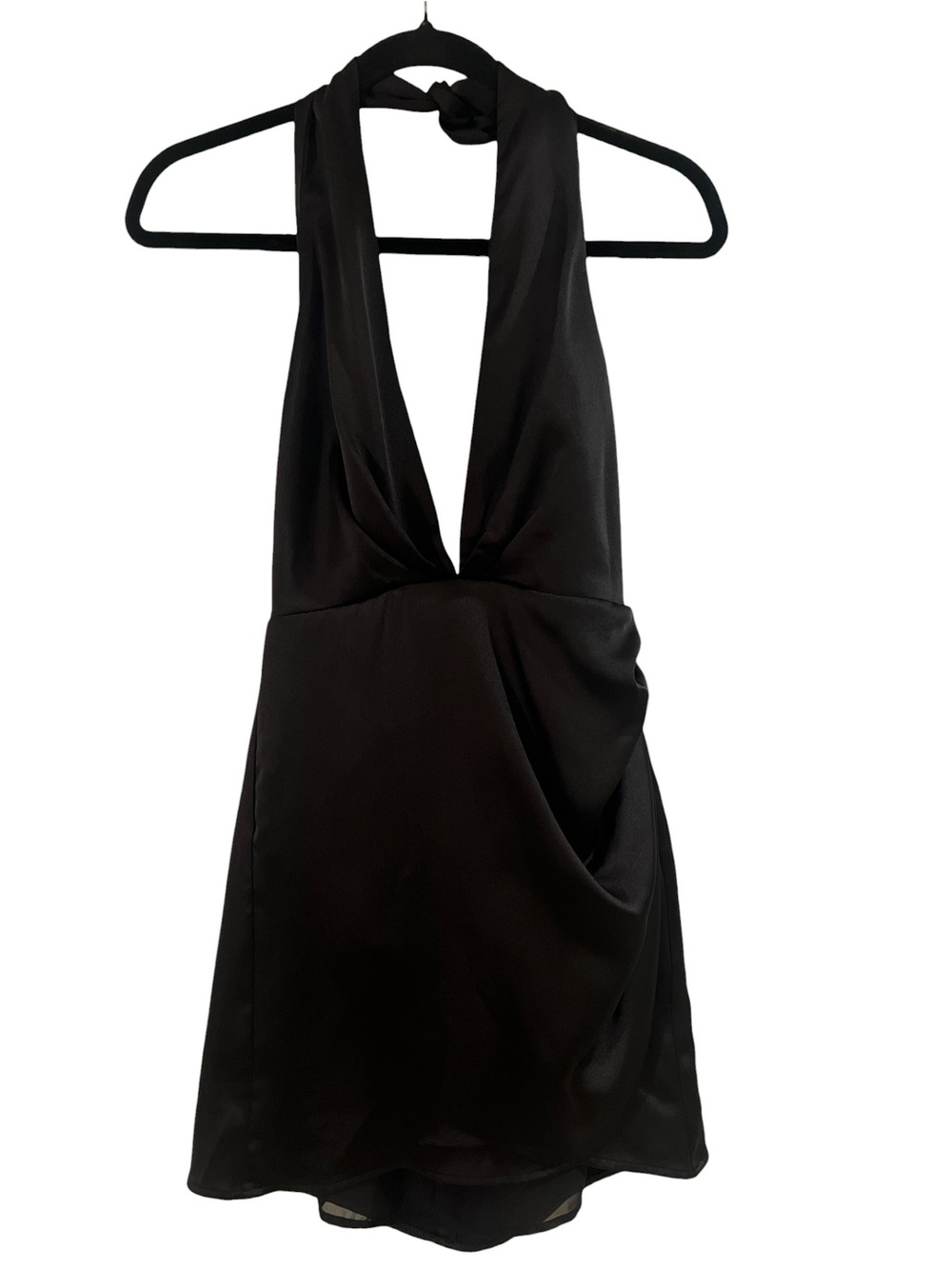 Zara Black Halter V-Neck Satin Wedding Party Formal Feminine Mini Wrap Dress-S